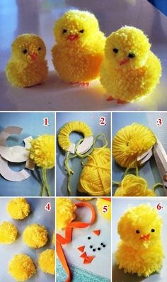 how to make pom - poms with yarn and crochet instructions for the chicks