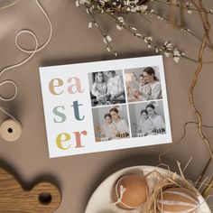 an easter greeting card with photos of women and eggs on a plate next to twine spools