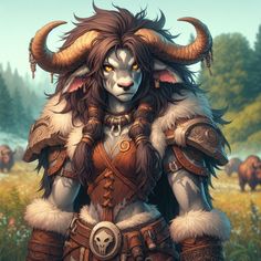 an image of a woman with horns on her head and fur around her shoulders, standing in a field