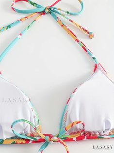 Lasaky - Womens Floral Print Halter V String 2 Piece Bikini: Triangle Tie Neck Backless Stretchy Swimsuit for Beach and Pool - Stylish Swimwear and Clothing Multicolor Backless Swimwear For Pool, Multicolor Backless Swimwear For Beach Season, Summer Tropical Print Halter Top For Beach, Summer Beach One-piece Halter Top, Beachwear Floral Print Halter Top, Multicolor Halter Neck Tankini For Sunbathing, Multicolor Backless Swimwear For Beach Party, Floral Print Backless Swimwear For Beach, Backless Floral Print Swimwear For Beach