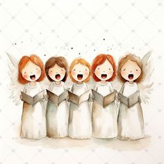 four angels sing with their mouths open while holding books