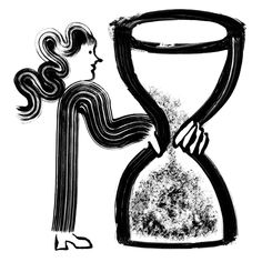 a drawing of a woman holding an hourglass with her hand in the air and looking at it