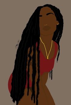 a drawing of a woman with dreadlocks wearing a red shirt and gold necklace