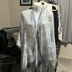 Melrose And Market Blue/White Shawl That Is Perfect For Causal, The Beach, Or Dress It With White Jeans And Cute Heels! Never Worn Casual White Floral Print Cover-up, Blue Cotton Summer Cover-up, Casual Blue Flowy Cover-up, Casual Blue Printed Cover-up, Casual White Cover-up For Daywear, White One Size Cover-up For Day Out, Casual Blue Cover-up For Day Out, Short Beach Dresses, White Shawl