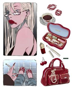 an image of a woman's purse and makeup set with lipstick, eyeliners, lip glosses