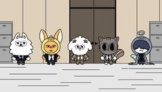 five cartoon characters standing in front of an office building