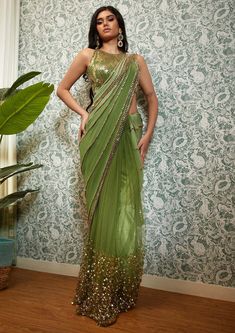 Papa Don't Preach, Embellished Saree, Green Sari, Blouse Yoke, Halter Blouse, Tulle Sleeves, Drape Saree, Embroidery Work, Dress Suits