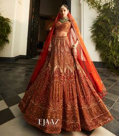 Burnt Orange Lengha, Ejaaz Couture, Lehenga Ideas, Orange Lehenga, Indian Bridesmaid Dresses, Bridal Lengha