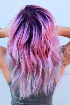 Cool Ideas of Purple Ombre Hair ★ See more: http://glaminati.com/cool-ideas-purple-ombre-hair/ Pink And Lavender Hair Dark Roots, Different Color Hair Ideas Ombre, 2023 Fun Hair Color Trends For Women, Lavender Shadow Root, Purple Shadow Root Pink Hair, Vivid Hair With Shadow Root, Blonde Hair With Pink And Purple, Dark To Light Purple Ombre Hair