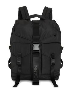 This Black Tech Backpack is made from certified recycled polyester. The backpack features adjustable and padded shoulder straps, a top handle, front buckle fastenings, front pockets, a foldover top and a GANNI logo. Ganni T Shirt, My Style Bags, Mens Bags Fashion, Tech Backpack, Festival Bag, Trainer Heels, Shoulder Backpack, Crossbody Tote, Designer Backpacks