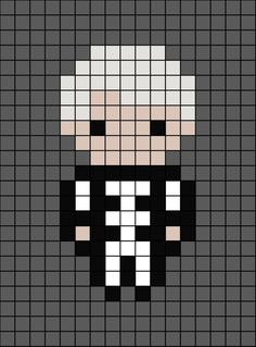 A pixel art template of the singer Gerard Way (from My Chemical Romance, the brand, also known as M.C.R) dressed in a skeleton costume with white like hair.

Originally by Experimental Tie Dye on Instagram. Gerard Way Perler Beads, Mcr Cross Stitch, Cool Pearler Bead Designs, Mcr Perler Bead Patterns, Mcr Kandi Pattern, Perler Bead Patterns Emo, Mcr Crochet, Band Perler Beads