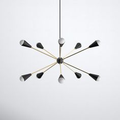 a black and white chandelier with eight lights hanging from it's sides