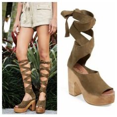 New Free People Women’s Olive Suede Wrap Lace Up Wood Platform Clog Sandals Brown Lace-up Sandals With Round Toe For Spring, Trendy Brown Lace-up Sandals For Spring, Summer Suede Lace-up Sandals With Wrapped Heel, Brown Platform Lace-up Sandals For Summer, Summer Suede Lace-up Sandals With Round Toe, Brown Block Heel Lace-up Sandals For Spring, Chic Brown Lace-up Sandals With Round Toe, Summer Lace-up Suede Heels, Brown Platform Lace-up Sandals With Round Toe