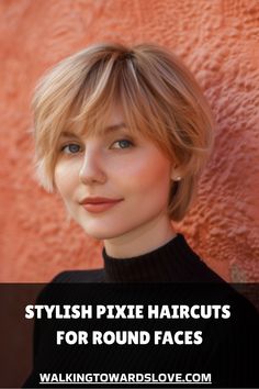 Woman with a pixie haircut smiling against a textured orange wall. Shaggy Pixie Cuts, Shaggy Pixie