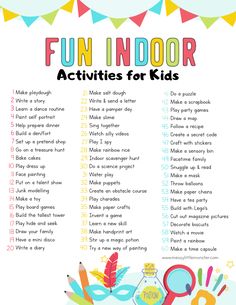 the fun indoor activities for kids to do in their home or school year, with text overlay that reads fun indoor activities for kids