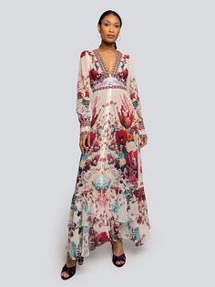 Hazel Floral Deep V Long Sleeve Tiered Maxi Dress - Glory Connection Floral Evening Dress, Rehersal Dress, Floral Evening Dresses, Tiered Maxi Dress, Fall Fashion Trends, Long Maxi Dress, Mother Of The Bride Dresses, Long Sleeve Maxi Dress, Cute Fashion