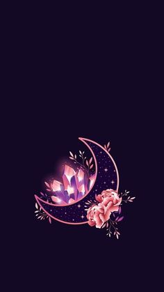 the moon and flowers are next to each other on a black background with pink accents