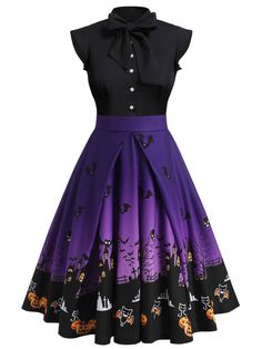 [Pre-Sale] Purple 1950s Halloween Patchwork Dress – Retro Stage - Chic Vintage Dresses and Accessories Halloween Patchwork, Lila Party, 1950s Halloween, Halloween Dresses, Bat Pumpkin, Standard Dress, Patchwork Dress, Kids Swimwear, Print Dresses