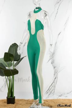 Olivia Mark - Chic Green Contrast Halter Skinny Jumpsuits with Stylish Patchwork and See-through Design Fitted Green Jumpsuit, Green Stretch Jumpsuits And Rompers For Spring, Green Fitted Casual One-piece, Green High Stretch Jumpsuit For Summer, High Stretch Green Jumpsuit For Summer, Green Stretch Bodysuit For Spring, Jumpsuit Casual, Happy Spring, Casual Jumpsuit