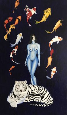 Original fine art painting by Jose Oliva (United States). This large, one-of-a-kind oil on canvas painting measures 36W x 60 H inches. The body painting ships in a crate directly from the artist's studio and is covered by the 14-day satisfaction guarantee from Saatchi Art, so you can buy with confidence. Woman And Tiger, Tone Painting, Painting On Walls, Tiki Art, Painting Woman, Tiger Painting, Tree Woman, Afrocentric Art, Oil Pastel Art