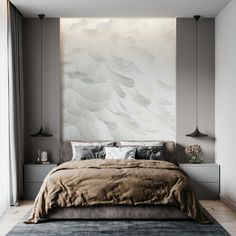 a bedroom with a large painting on the wall above the bed, and an area rug in front of it