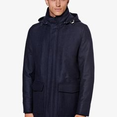 A richly layered
  piece made to keep you warm in luxury, this navy parka
  puts a tailored spin on a classic winter layer and brings adaptable features
  like a removable inner layer and cinching drawstring Wool Outerwear With Detachable Hood For Cold Weather, Workwear Parka With Detachable Hood, Classic Outerwear With Detachable Hood For Cold Weather, Luxury Navy Peacoat For Fall, Elegant Outerwear With Detachable Hood For Work, Navy Padded Collar Outerwear For Fall, Luxury Navy Wool Outerwear, Classic Parka With Detachable Hood For Fall, Classic Fall Parka With Detachable Hood