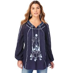 A statement tunic with a tassel-detailed keyhole neckline and lace-paneled poet sleeves. The drawstring at the neckline and long raglan sleeves add a boho touch, while lace panels at the sides lend a feminine air. Front and back shirring. Folk Style Embroidered Long Sleeve Tunic, Bohemian V-neck Top With Embroidered Sleeves, Bohemian Tops With 3/4 Sleeve And Floral Embroidery, Bohemian Peasant Top With Floral Embroidery V-neck, Bohemian Embroidered Cotton V-neck Top, Plus Size Summer Tops, Chiffon Tunic, Chic Bohemian, Keyhole Neckline