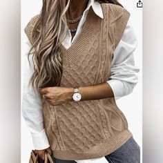 Risesun Women's Cable Knit Oversized Cropped Argyle Sweater Vest V-Neck Preppy Pullover Knitwear Tops Khaki Xl New With Tag Loose Pullover Sweater, Winter Knit Sweater, Oversize Pullover, Sleeveless Sweater Vest, Elegant Sweater, Winter Vest, Winter Pullover, Sweater Vest Women, Loose Pullover