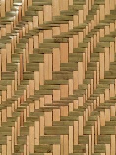 a cat is sitting on the floor in front of a woven wall paneled with wood planks