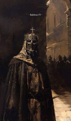 a painting of a man dressed in black with a cross on his head and wearing a mask