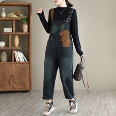 Lasaky - Vintage Color Block Loose Denim Overalls Wide Leg Jumpsuit Overalls Casual, Suspenders For Women, Trendy Fits, Vintage Color, Retro Women, Overalls Women, Ankle Length Pants, Vintage Casual, Denim Overalls