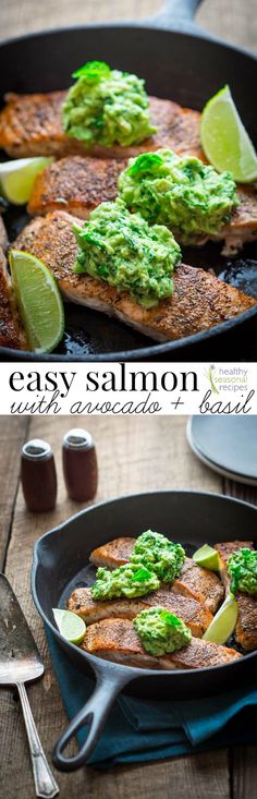 salmon with guacamole and lime in a cast iron skillet