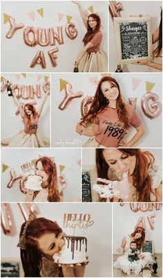 a collage of photos with balloons and cake