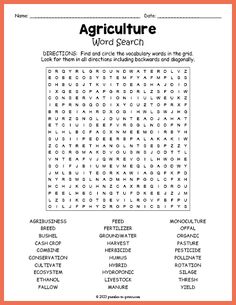 the word search page for an activity to teach children about agriculture and how they can use it