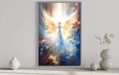 an angel painting on the wall above a mantle