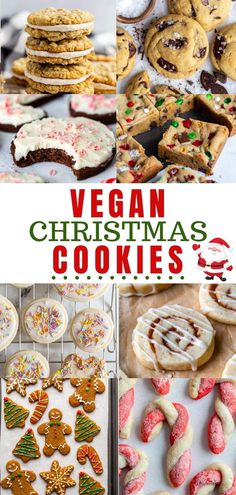 vegan christmas cookies collage with text overlay and images above the image,