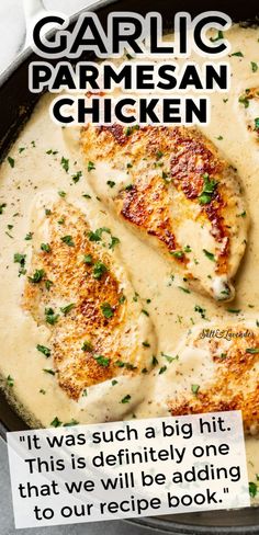 garlic parmesan chicken in a skillet with the words garlic parmesan chicken