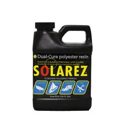 a gallon of solarez liquid on a white background with the words dual care polyester