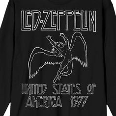 the led zepplin long sleeve t - shirt is shown in black with white lettering