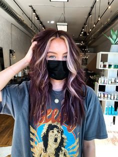 Eggplant Hair With Money Piece, Plum Hair Money Piece, Trendy Hair Fall 2023, Purple Brunette Hair Balayage, Fall Hair Purple Brown, Cute Highlighted Hair Ideas, Dark Plum Hair With Money Piece, Blonde To Plum Hair Before And After, Brown Edgy Hair