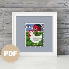 a cross stitch pattern with an image of a chicken and a rooster on the farm