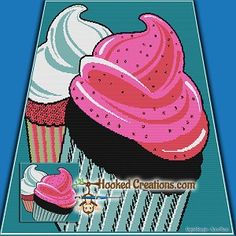 the cross stitch pattern shows two cupcakes with pink frosting on top, and one