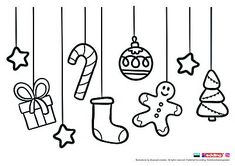 christmas ornaments and decorations hanging from strings