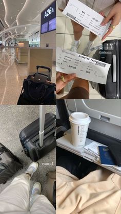 there are pictures of people at the airport with their luggage and some tickets in hand