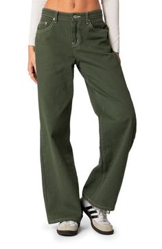 A more minimalist take on the utility trend, these nonstretch carpenter jeans feature a low-rise waist, straight legs and a cool earthy wash. Zip fly with button closure Five-pocket style 100% cotton Machine wash, dry flat Imported Green Jeans, Carpenter Jeans, Party Tops, Basic Tee, Denim Fabric, S Models, Pacsun, Wide Leg Jeans, Bottoms Pants