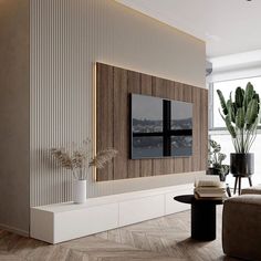 modern living room with wood paneling and white walls