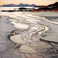 an abstract painting with lines in the sand and mountains in the distance, on top of water