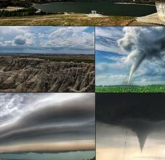 four different shots of the same sky and clouds in various pictures, one showing an approaching storm