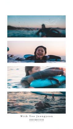 two people riding in the ocean on surfboards with one person holding an inflatable raft