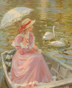 a painting of a woman in a boat with an umbrella